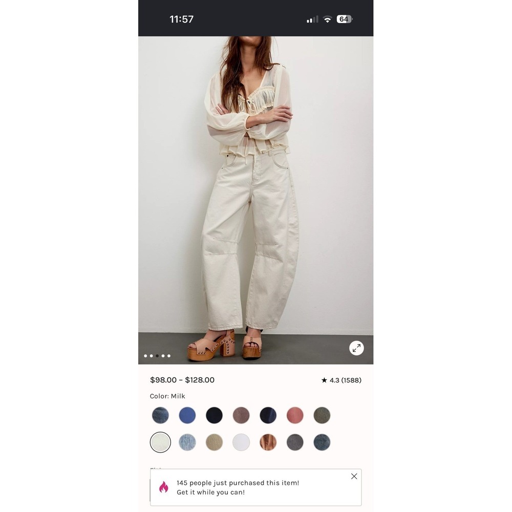 We The Free Free People Good Luck Mid-Rise Barrel Jeans Milk Cream Boho Denim 30 - Picture 6 of 6